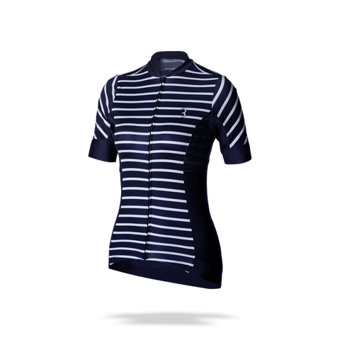 Striped, navy blue and white, womens cycling jersey. BBW-249