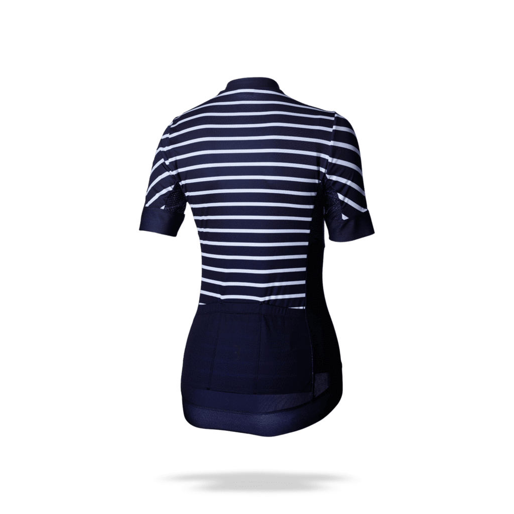 Striped, navy blue and white, womens cycling jersey. BBW-249