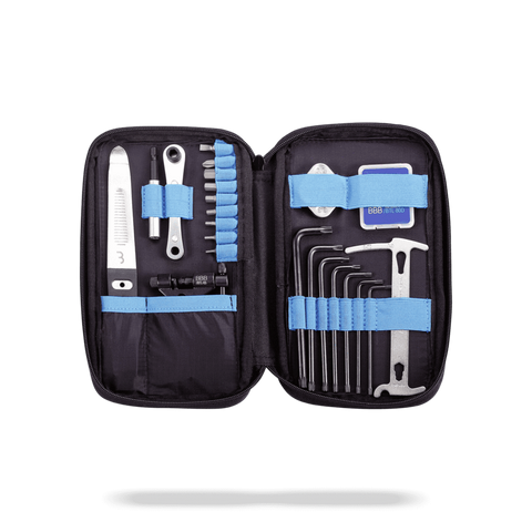 Cycling tool kit containing a tire lever, multiple torx keys, a mini rachet with multiple drivers, a spoke wrench and patch kit. BTL-117