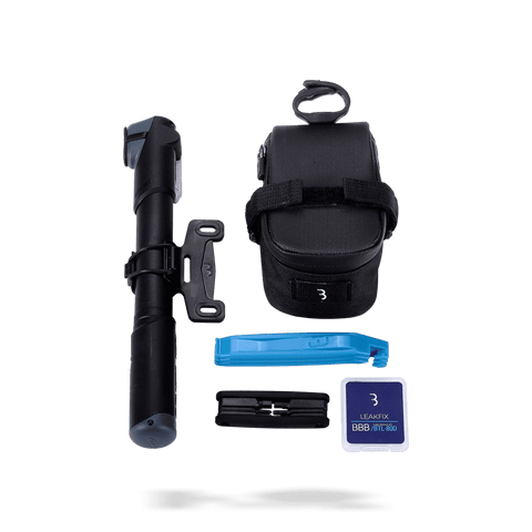Cycling saddle bag, multi tool, tire levers, patch kit, and mini pump combo from BBB. BSB-51